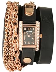 Square Triple Chain Wrap Watch-Black and Rose Gold
