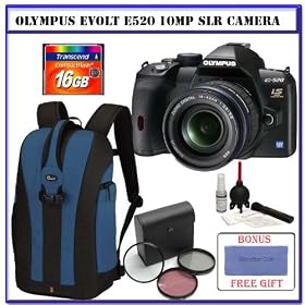 Olympus Evolt E-520 10MP IS Digital SLR Camera with w/ 14-42mm f/3.5-5.6 Zuiko Lens [262086] + Transcend 16GB CF 133x Speed Memory Card + 58mm Introductory 3-PC Filter Kit + Lowepro Flipside 300 Backpack (Arctic Blue/Black) + Willoughby’s Basic Kit