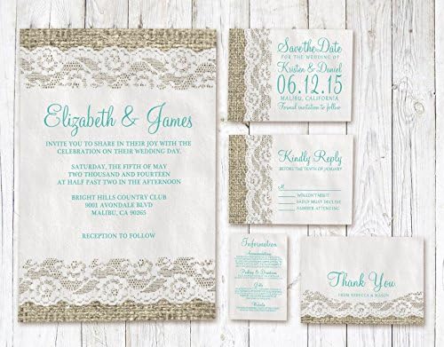 Aqua Rustic Lace Wedding Invitations Suite (Invite, RSVP, Save the Date, Info &amp; Thank You Cards)