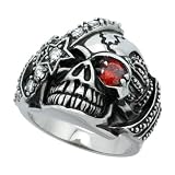 Surgical Steel Skull Ring One Red Eye CZ Eye Patch Crown on the sides 15/16 in. (23mm) wide, size 14