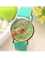 Geneva Platinum Rose Flower Rhinestones Mint Green Leather Watch Women Ladies Rose Gold Dress Watch Quartz