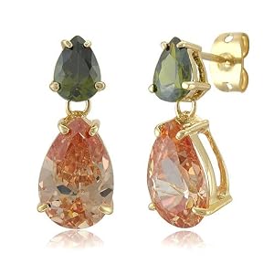 Sterling Silver Earrings Dangle Earrings In Champagne Green Duo Pear Cubic Zirconia CZ - Ideal Gift For Mother Day, Anniversary, Engagement, Wedding, Birthday, For Her