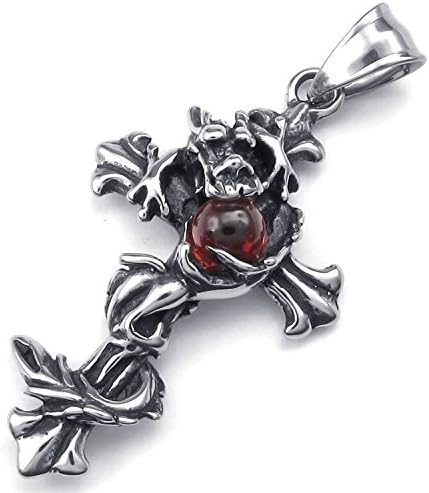 Mygoodie Jewelry Mens Dragon Cross Rhinestone Stainless Steel Pendant Necklace, Silver Red, 18-26 inch Chain