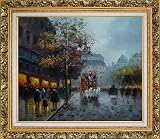 American Busy Street Scene in Early 19 Century Winter Holiday Oil Painting, with Ornate Antique Dark Gold Wood Frame 26 x 30 inches