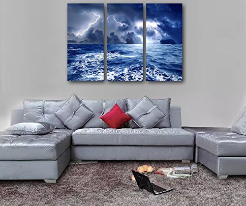 Canvas Print Sea Wave, 3 Panels Modern Photo Print Framed and Stretched Ready to Hang, Flash Lightning Storm on Blue Sea Canvas Wall Art for Home Decoration