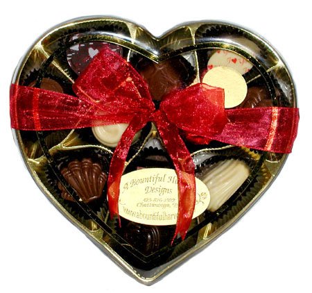 11pc Belgian Chocolates In Clear Heart Box by A Bountiful Harvest