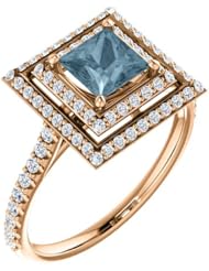 10K Rose Gold Princess Cut Blue and White Diamond Double-Halo Ring -- LIFETIME WARRANTY