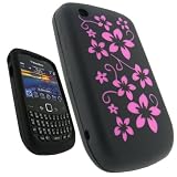 iGadgitz Black & Pink Flower Design Silicone Skin Case Cover for BlackBerry Curve Gemini 8520 + Screen Protector