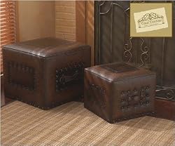 Casa Cristina 2 Leather Ottomans w/ Studs Western Lodge Decor