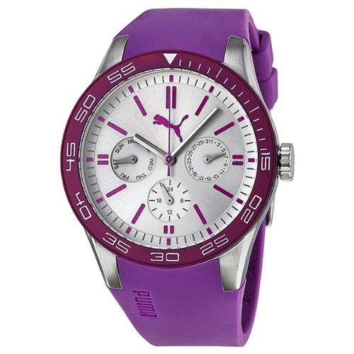 Puma Fast Track Multi-function Silver Dial Purple Silicone Ladies Watch PU102822004
