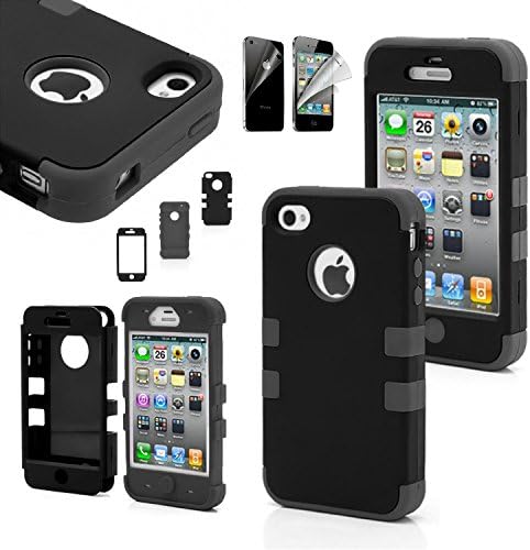 CWAccessories (TM) Black High Impact Hybrid Matte Hard Case Silicone Rubber Cover for Apple iPhone 4 4G 4S w/ Screen Protector (Black + Grey)