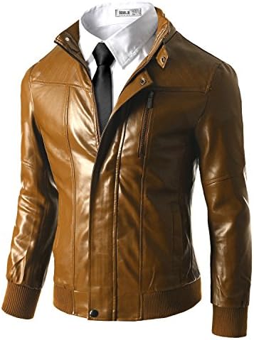 Doublju Men Fashionable Regular Fit Motorcycle Zipper Short Faux Leather Jacket KHAKI,XL