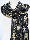 Floral Printed Sequin Sheer Scarf Shawl Wrap Stole Black Gold