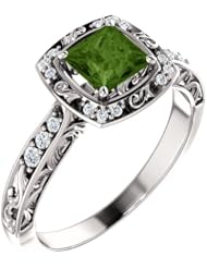 18K White Gold 5.00x5.00mm Princess Cut Green Tourmaline and Diamond Ring -- LIFETIME WARRANTY