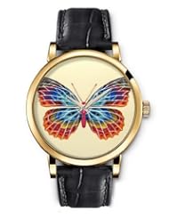 Analog Gold Women Watches Black Leather Wristband - Colorful Butterfly