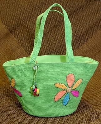Floral Adorned Zippered Tote Bag - Green