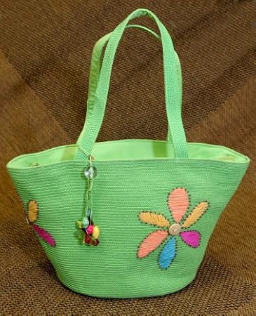 Floral Adorned Zippered Tote Bag - Green