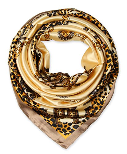 corciova Women's silk Like scarf for hair wrapping headwrap 35 x 35 inches Leopard Chain Gold