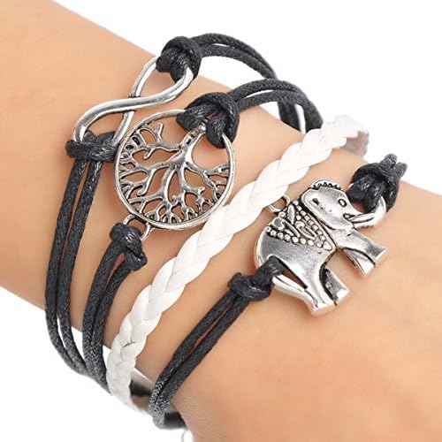 Terrific 1pc Handmade Infinity Elephant Tree Charms Black Wrap Bracelet 19.5cm
