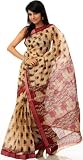 Beige Sari from Bangalore with Printed Paisleys - Pure Cotton
