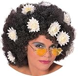 Black Curly Hippie Wig with Daisies - One Size Black Curly Hippie Wig with Daisies - One Size