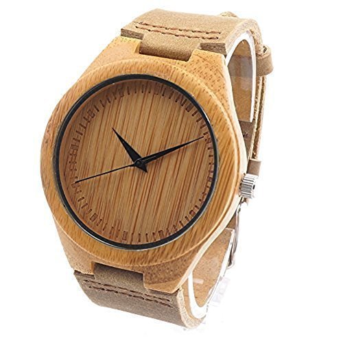 Wangyue Unisex Retro Leather Fashion Bamboo Wooden Watch Japan Movement Quartz With Genuine Cowhide Leather Band Casual Watches