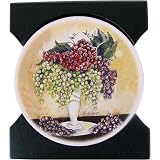 Grapes of Wine Absorbent Stone Ceramic Coasters in Wood Holder, Wine and Food Themes