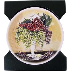 Grapes of Wine Absorbent Stone Ceramic Coasters in Wood Holder
