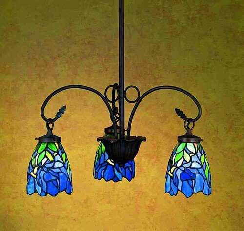 Meyda Tiffany 27412 Iris - Three Light Chandelier, Mahogany Bronze Finish with Blue Green Glass On Sale