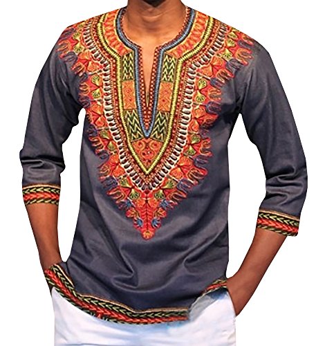 Makkrom Men's African Bright Dashiki Tribal Floral Shirt Variety (Medium, Grey)