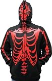 Full-Zip Up Red Skeleton Print Adult Black Hooded Sweatshirt Hoodie Costume with Face Mask