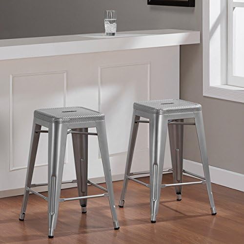 Tabouret 24-inch Grey Silver Perforated Steel Counter Stools Stackable for Space-saving Storage (Set of 2)