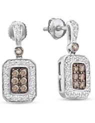 14K White Gold Round Brilliant Cut Chocolate Brown and White Diamond - Channel Set Dangle Earrings with Secure Screw Back Closure - (1/2 cttw.)