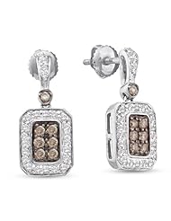 14K White Gold Round Brilliant Cut Chocolate Brown and White Diamond - Channel Set Dangle Earrings with Secure Screw Back Closure - (1/2 cttw.)