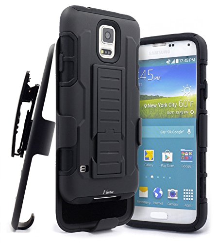 Nagebee Hybrid Hard Armor Stand Holster Case with Locking Belt Swivel Clip for Samsung Galaxy S5 - Military Black