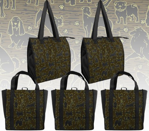 DOGS GROCERY BAG SET 5 Pieces 2 Insulated Zippered Bags and 3 Sturdy Shopping Bags in Designer Prints GIFT IDEA