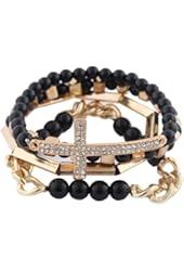 Black with Goldtone 4 Piece Bundle of Iced Out Cross, Link, & Bar Chain Beaded Stretch Bracelet