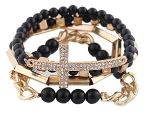 Ladies Black with Gold 4 Piece Bundle of Iced Out Cross, Link, & Bar Chain Beaded Stretch Bracelet