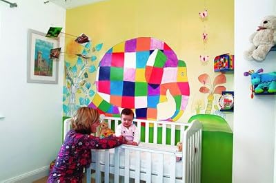 Giant elephant wall art for children's room showing mother and baby in cot