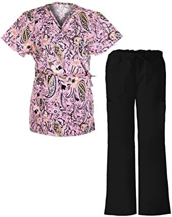 G Med Women's Printed Scrub Mock Wrap Top with Bow Tie and Pant Set 2 Pieces Set