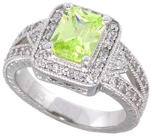 Childrens Toyshop  Jewelry : Sterling Silver Vintage Style Engagement ring, w/ an 8 x 6 mm (1.5 ct) Emerald Cut Light Peridot-colored CZ Stone, 1/2" (12mm) wide