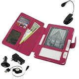 Magenta Full Genuine Leather Case with Retractable USB Cable Charge Kit and Book Light for Amazon Kinde 2 (Old Version) E-Reader Reading Device (Kindle NOT Included)
