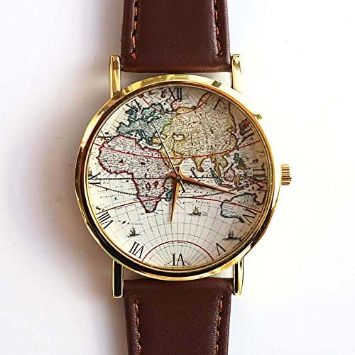 Old World Map Roman Numbers Quartz Watch Brown Strap