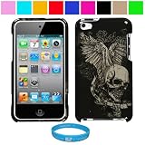 Durable Two Piece Skull with Wings Design Front and Back Protective Hard Shell Crystal Cover Case for Apple iPod Touch 4th Generation (8GB 16GB 32GB) iPod Touch 4 Latest Gen+ SumacLife TM Wisdom Courage Wristband, Skull with Wings