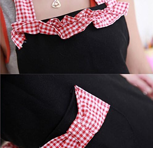 WASKY New Classical Sweet Cotton Grid Pattern Working Chefs Kitchen Cooking Cook Women's Bib Apron with Bowknots Pockets Design Great Gift for Wife Daughters Ladies (Black & Red)