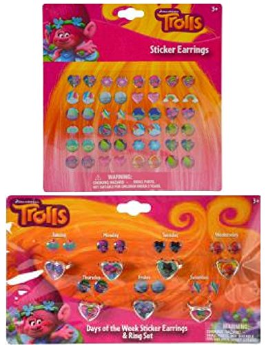 Trolls 24 Pair Sticker Earrings Plus Days of the Week Sticker Earrings & Ring Set