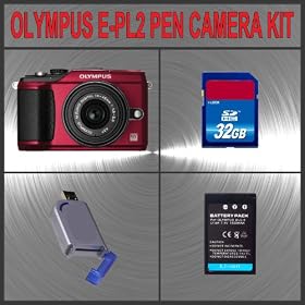 Olympus PEN E-PL2 Digital Camera (Red) W/14-42mm II Lens + Huge Accessories Package Including 32GB SDHC Memory Card + High Capacity BLS-5 Replacement Lithium-Ion Battery + Hi-Speed SD Card Reader + Kit