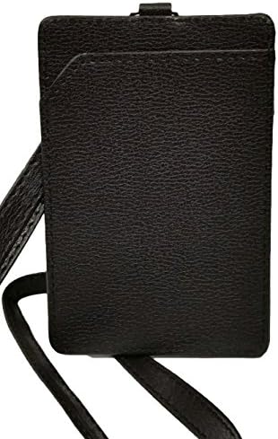 USA ACCESSORIES Black PU Leather Faux Leather ID Badge Card Case Lanyard Necklace