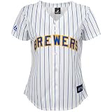 MLB Women's Milwaukee Brewers White/Ryl Pinstrp Short Sleeve 5 Button Synthetic Replica Baseball Jersey Spring 2012? (White/Ryl Pinstrp, Large)