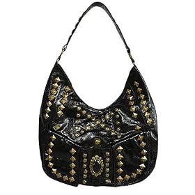 SHINY BLACK HOBO HANDBAG WITH PYRAMID STUDS